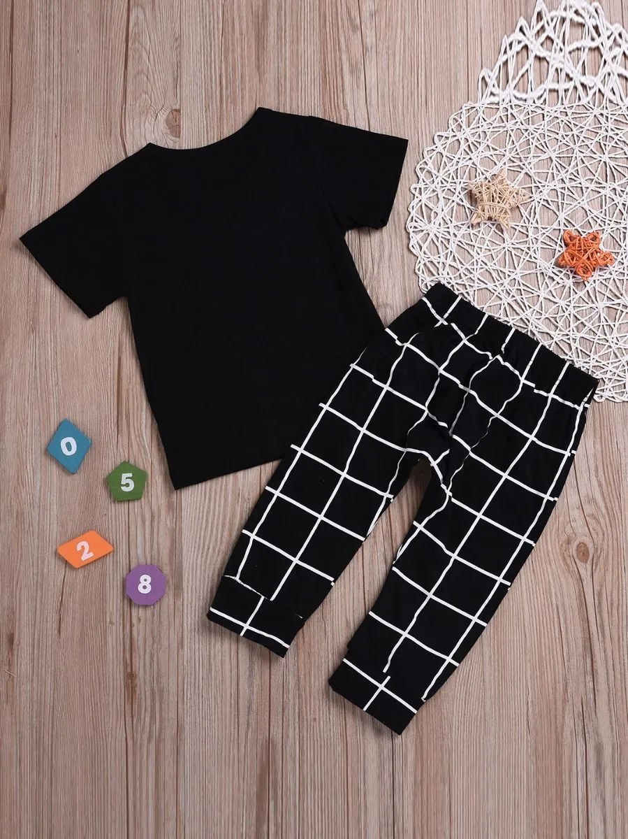 Casaul Clothing Outfits Set Short-sleeved T-shirt Black Plaid Pants for Spring Summer