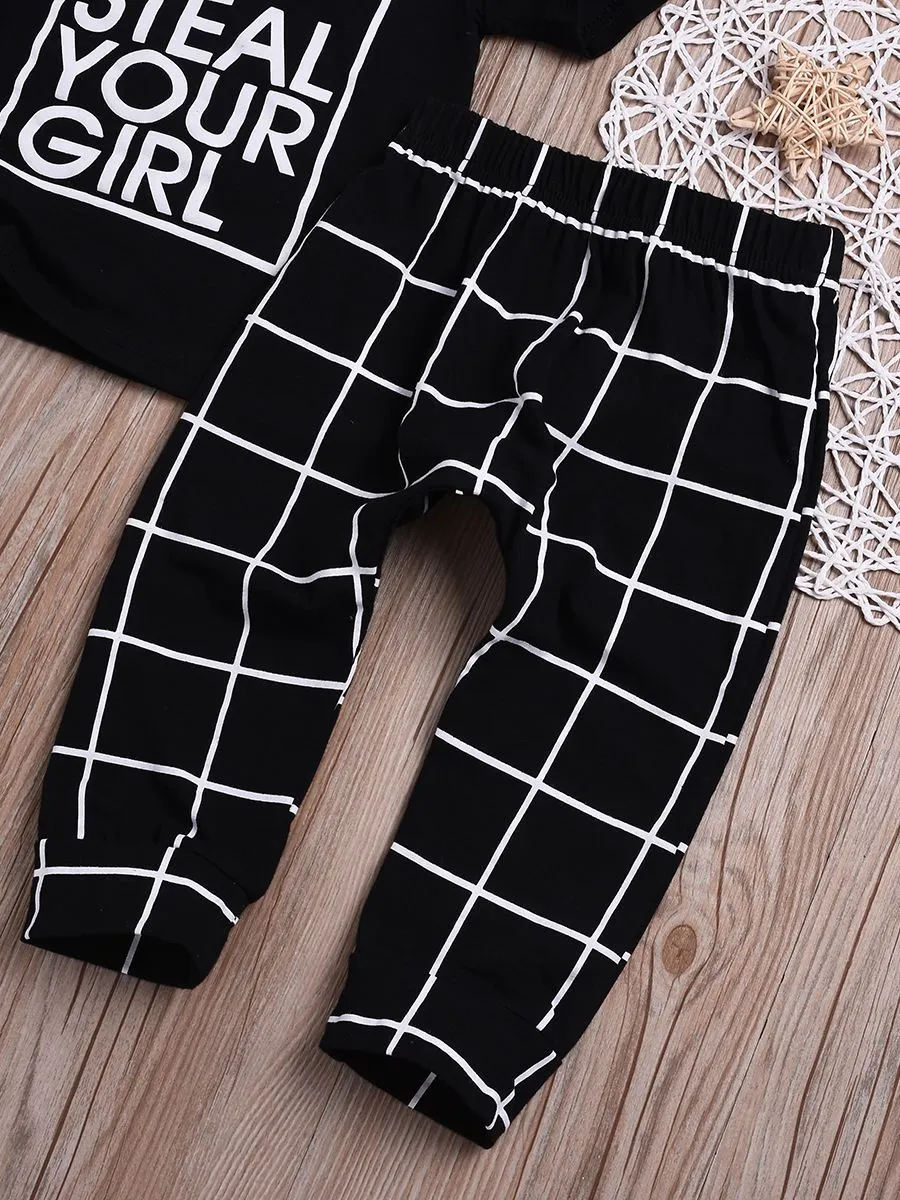 Casaul Clothing Outfits Set Short-sleeved T-shirt Black Plaid Pants for Spring Summer