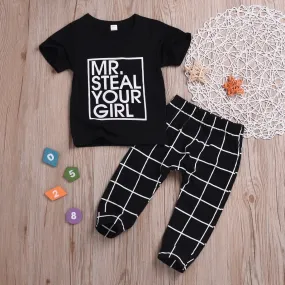 Casaul Clothing Outfits Set Short-sleeved T-shirt Black Plaid Pants for Spring Summer