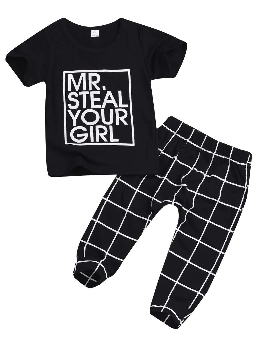 Casaul Clothing Outfits Set Short-sleeved T-shirt Black Plaid Pants for Spring Summer
