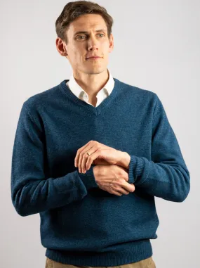 Cashmere and Merino V-Neck Jumper | Ocean Blue