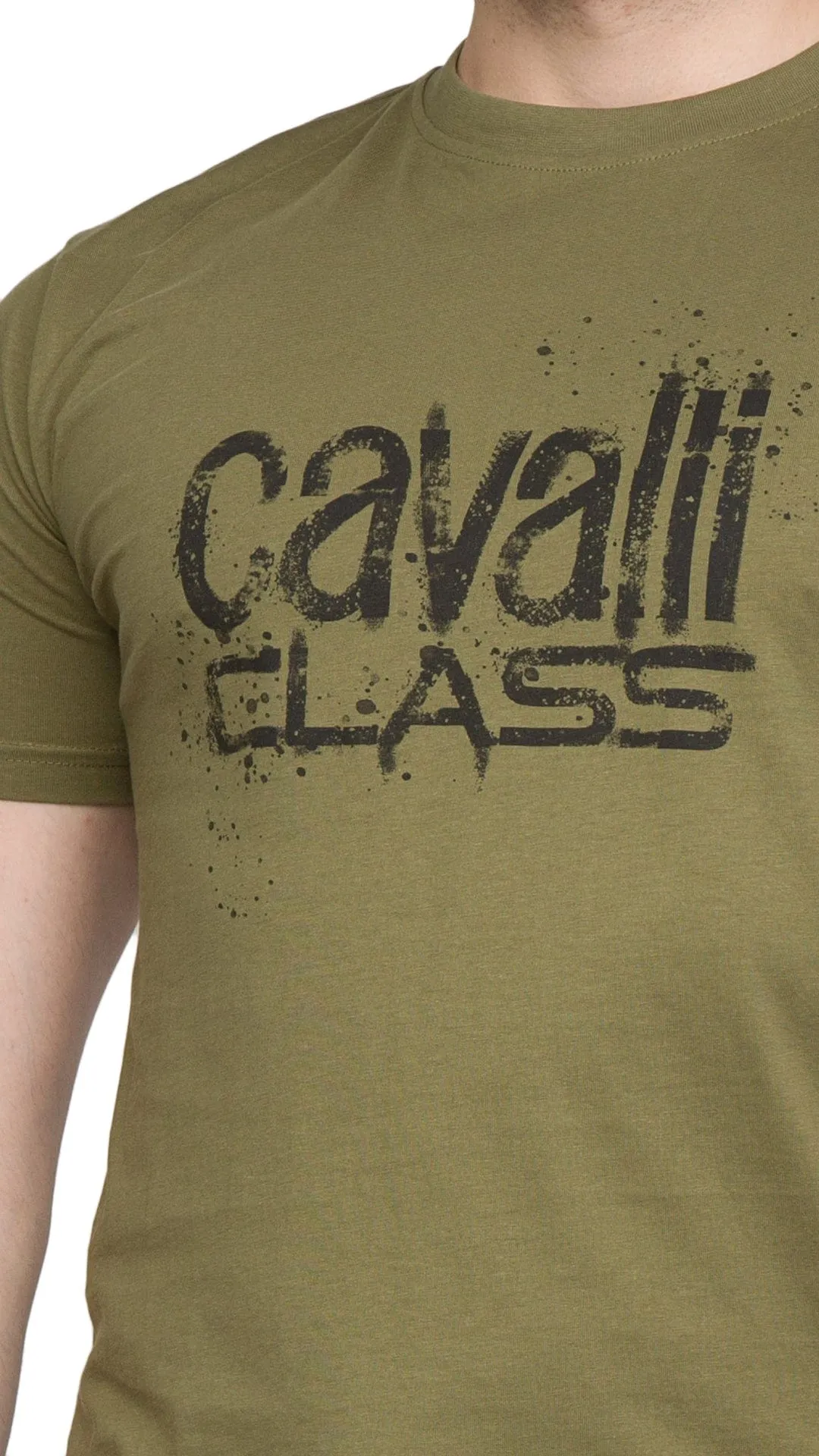 Cavalli Class Military Green Spray Print Signature Fashion T-Shirt -