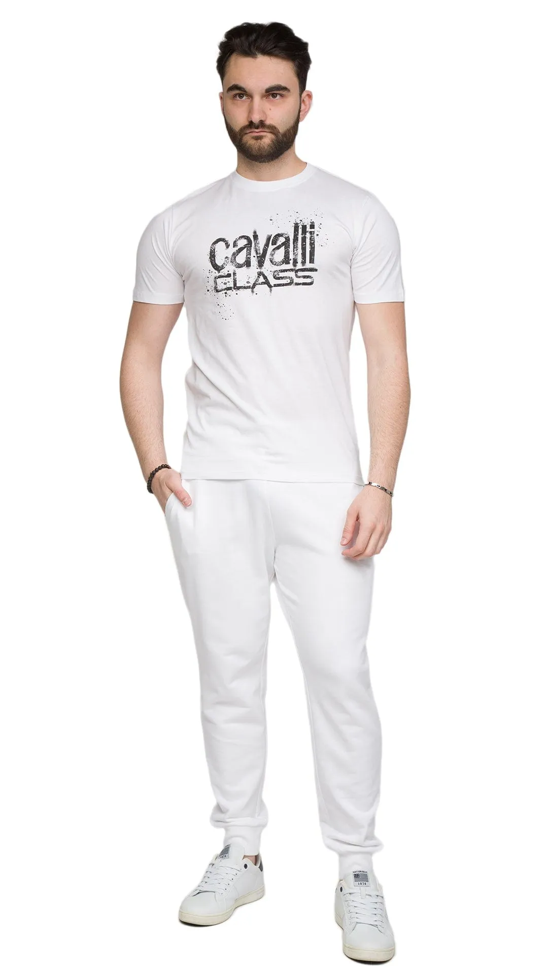 Cavalli Class White Spray Print Signature Fashion T-Shirt -