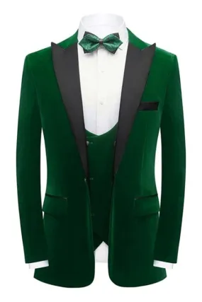 Chic Deep Green Three Pieces Velvet Prom Suits Peaked Lapel Slim Fit Blazers Pants Wedding Party Wear
