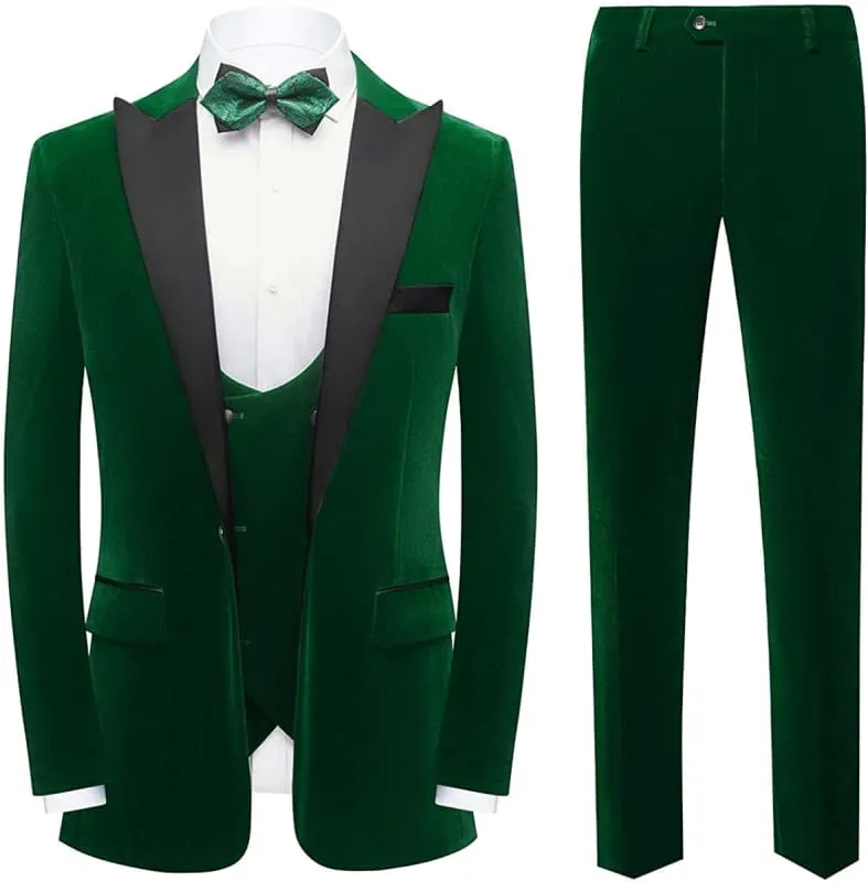 Chic Deep Green Three Pieces Velvet Prom Suits Peaked Lapel Slim Fit Blazers Pants Wedding Party Wear