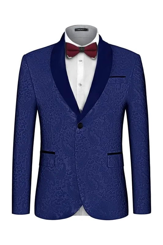 Chic Navy Blue Shawl Lapel Floral Paisley Jacquard Two Pieces Wedding Suits Blazers Pants Wedding Party Wear Prom