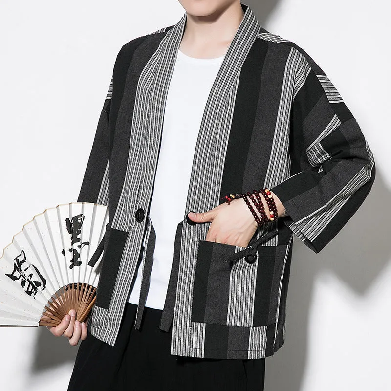 Chinese Style Summer Men's Striped Cotton Linen Vintage Cardigan