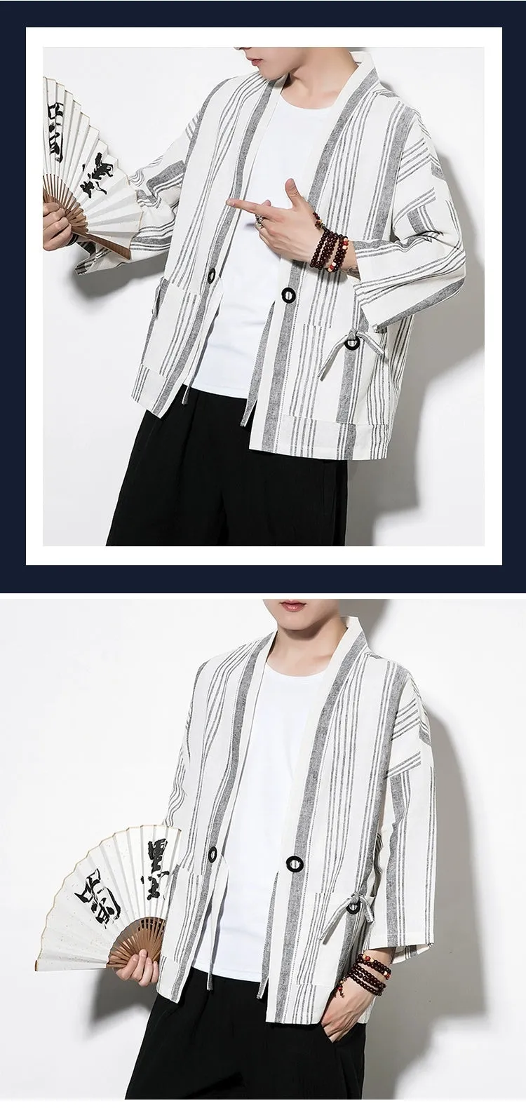 Chinese Style Summer Men's Striped Cotton Linen Vintage Cardigan