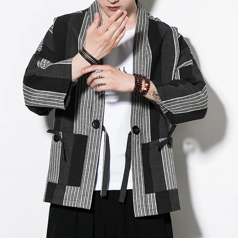 Chinese Style Summer Men's Striped Cotton Linen Vintage Cardigan