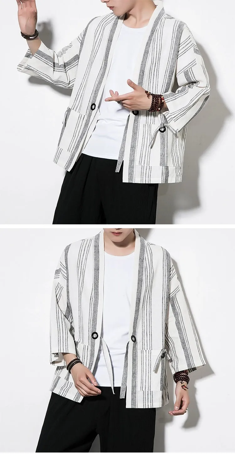 Chinese Style Summer Men's Striped Cotton Linen Vintage Cardigan