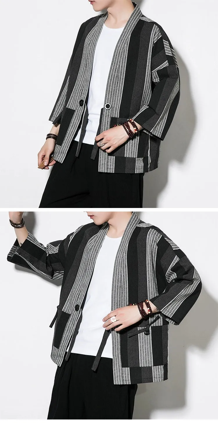 Chinese Style Summer Men's Striped Cotton Linen Vintage Cardigan