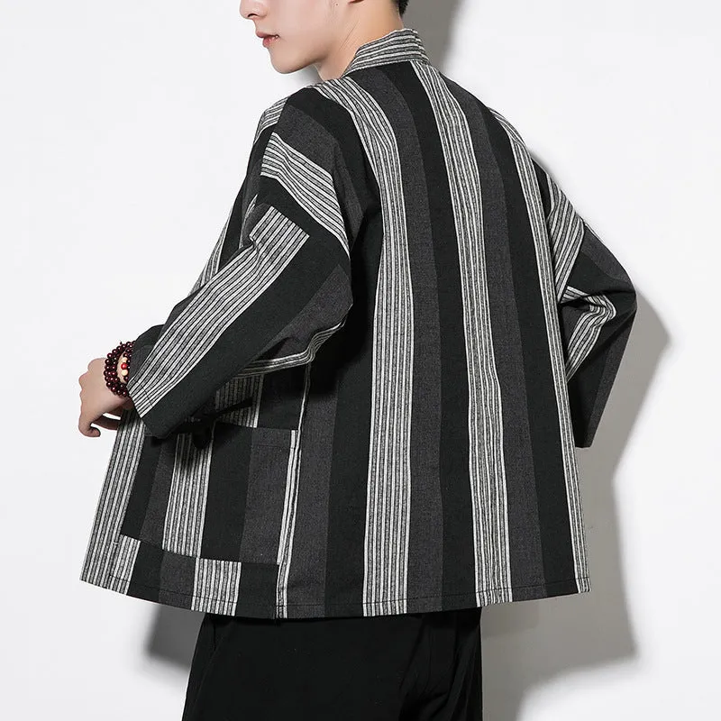 Chinese Style Summer Men's Striped Cotton Linen Vintage Cardigan