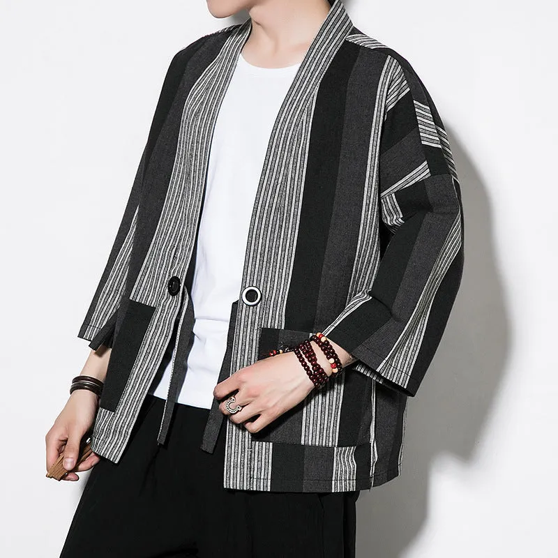 Chinese Style Summer Men's Striped Cotton Linen Vintage Cardigan