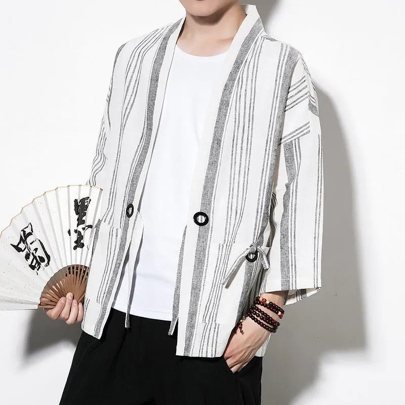 Chinese Style Summer Men's Striped Cotton Linen Vintage Cardigan