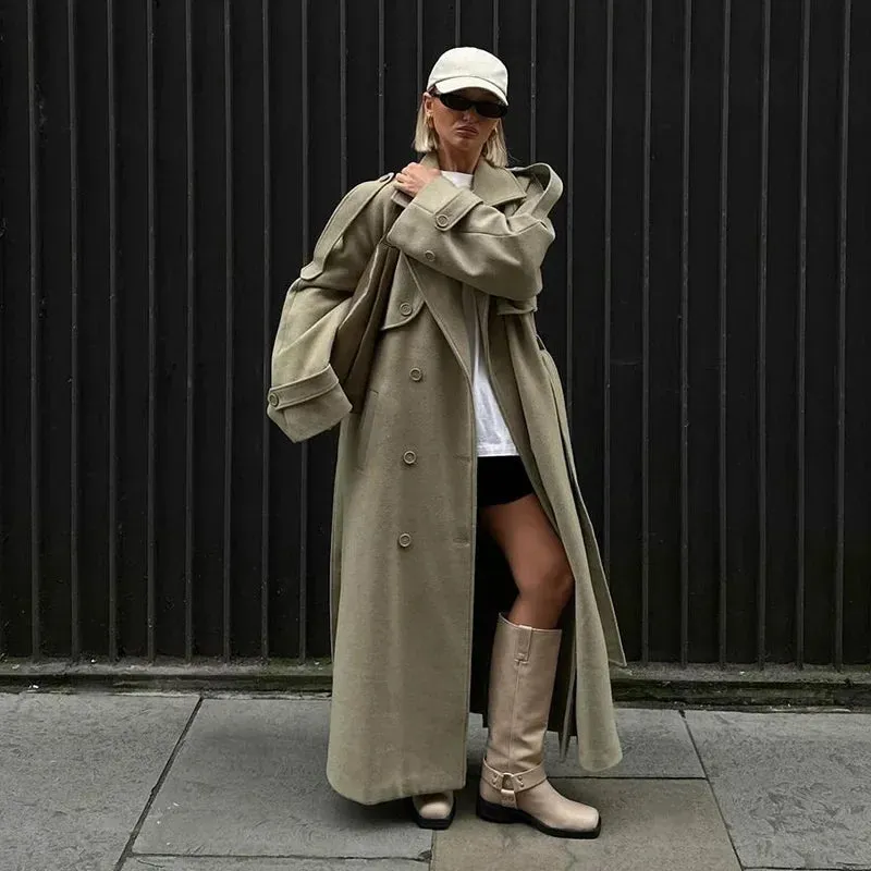 City fashion belted oversized loose wool trench coat