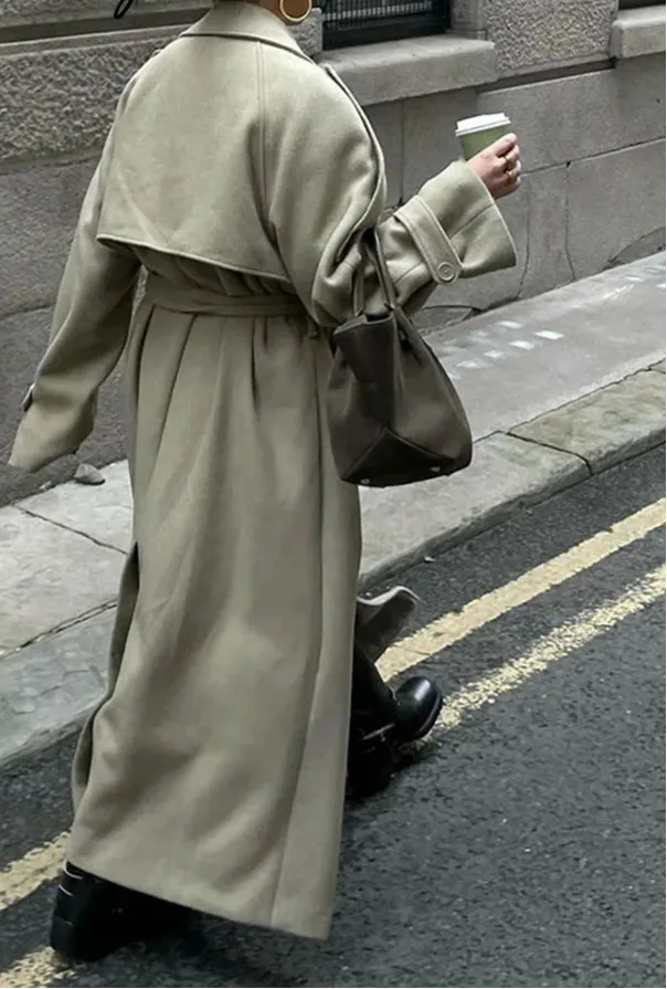 City fashion belted oversized loose wool trench coat