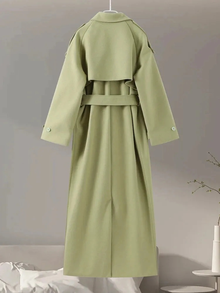 City fashion belted oversized loose wool trench coat