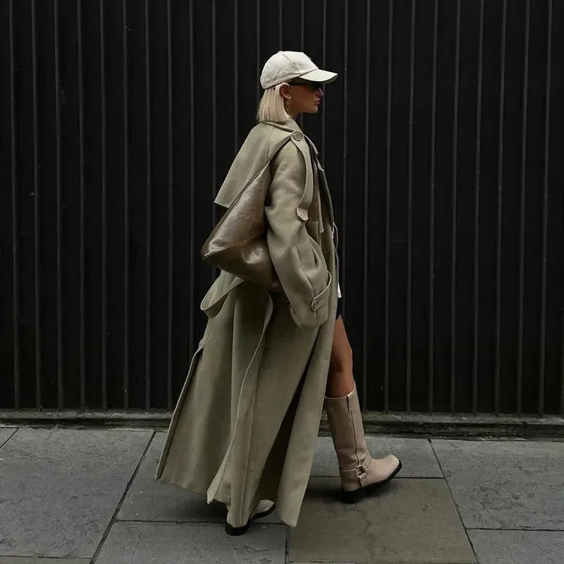 City fashion belted oversized loose wool trench coat