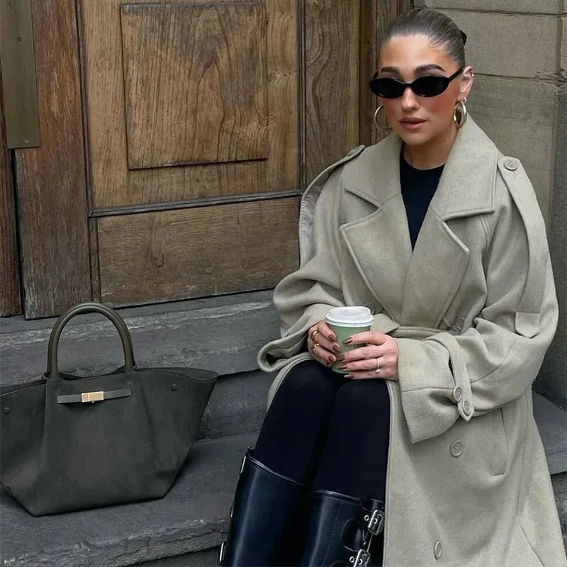 City fashion belted oversized loose wool trench coat