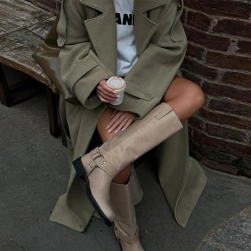 City fashion belted oversized loose wool trench coat
