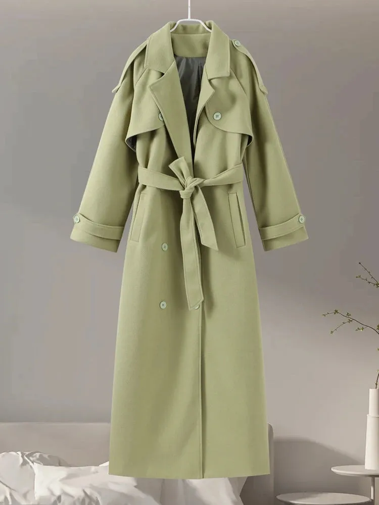 City fashion belted oversized loose wool trench coat