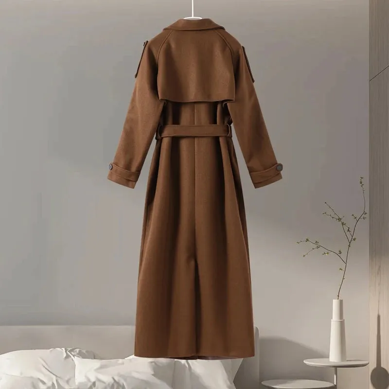 City fashion belted oversized loose wool trench coat