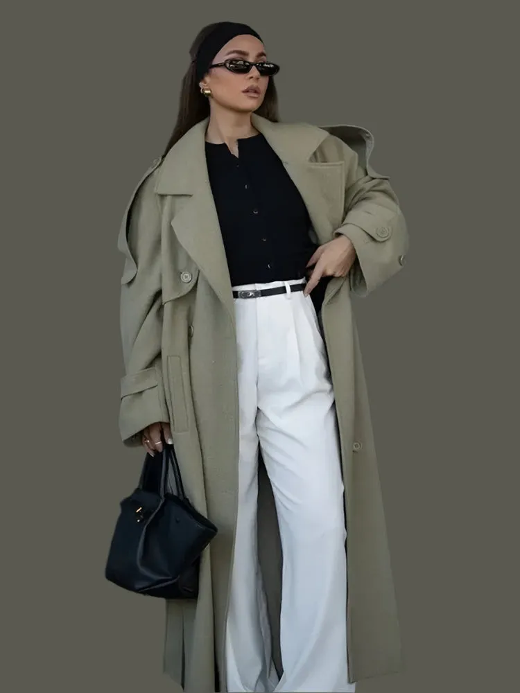 City fashion belted oversized loose wool trench coat