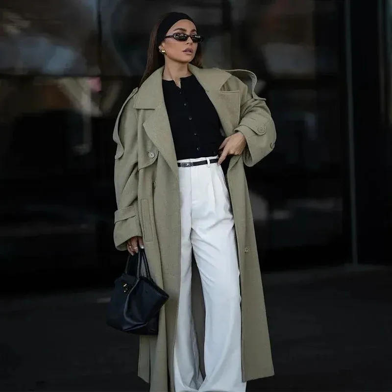 City fashion belted oversized loose wool trench coat