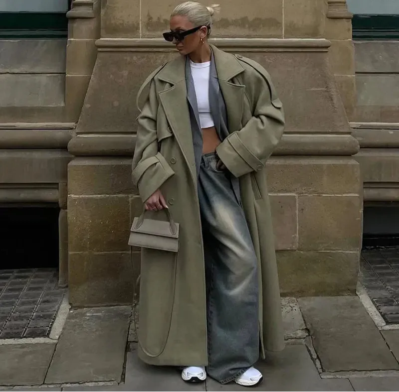 City fashion belted oversized loose wool trench coat
