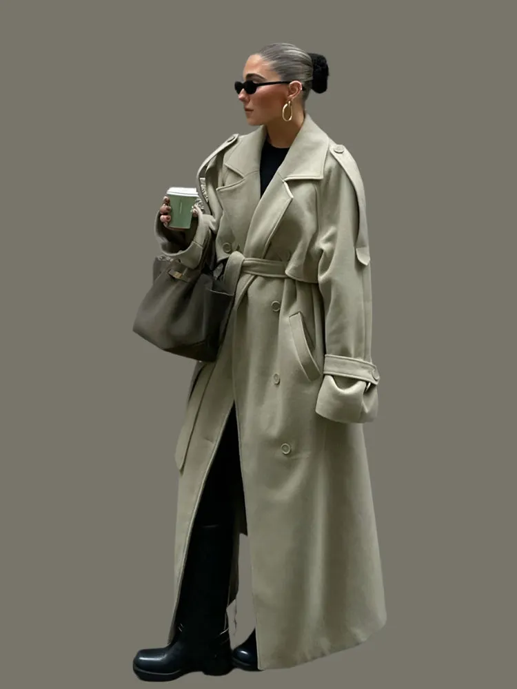 City fashion belted oversized loose wool trench coat
