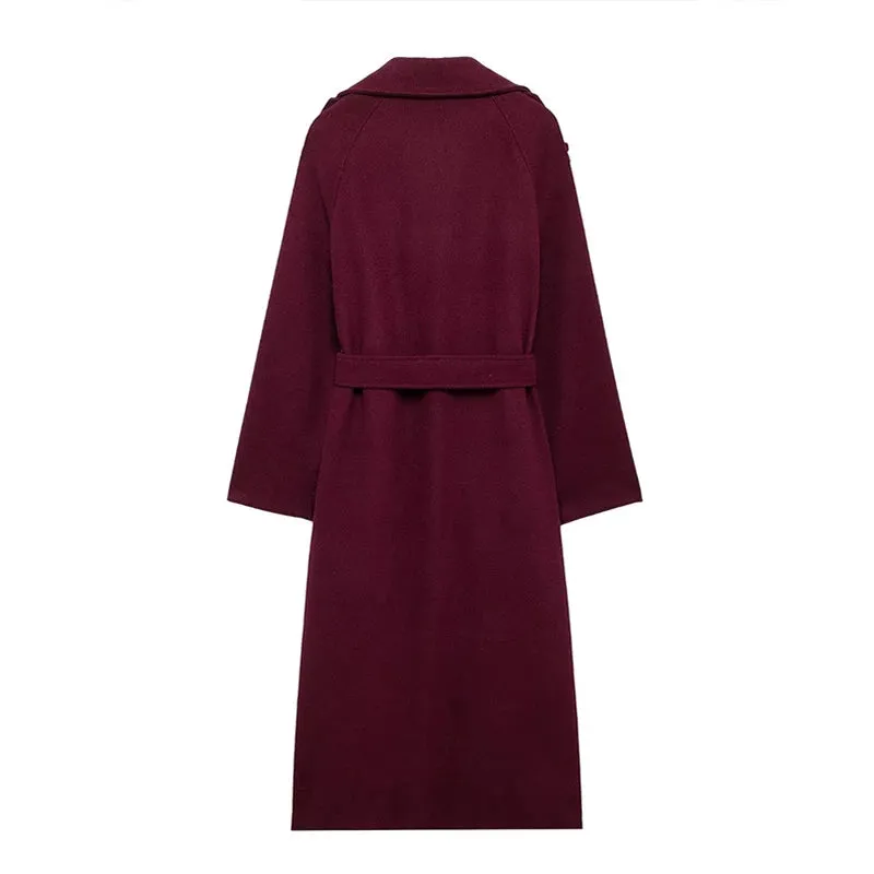 City fashion belted oversized loose wool trench coat