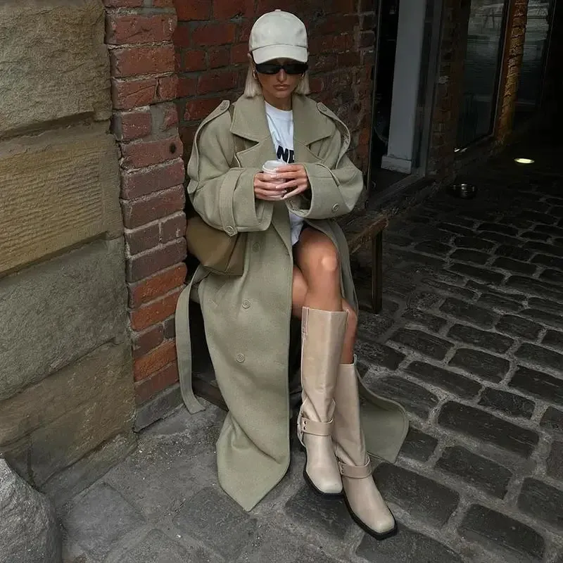 City fashion belted oversized loose wool trench coat