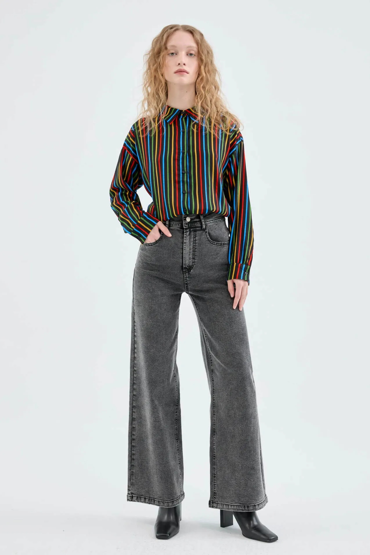Compania Fantastica Black Multicoloured Stripe Print Long Sleeve Shirt