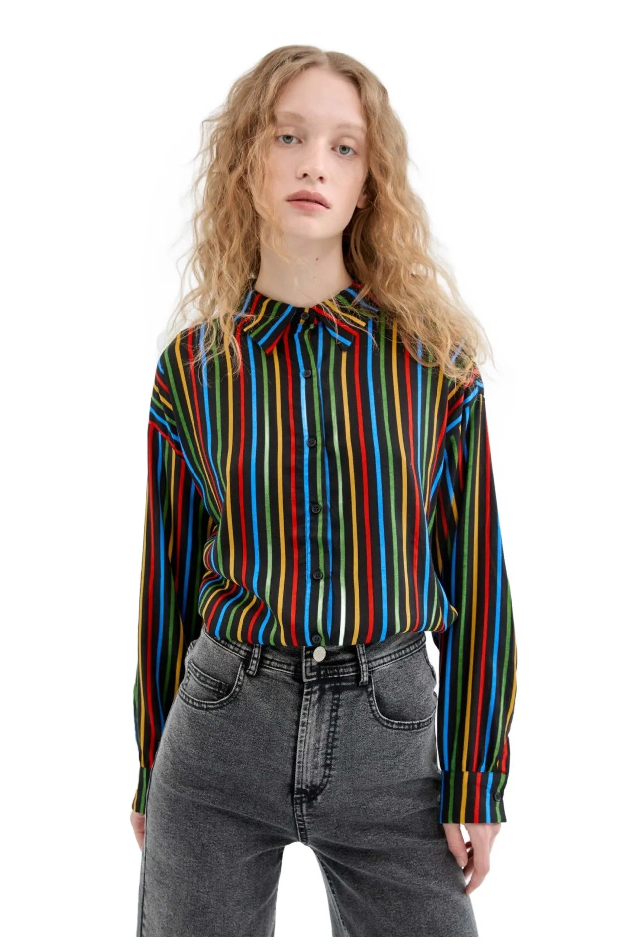 Compania Fantastica Black Multicoloured Stripe Print Long Sleeve Shirt