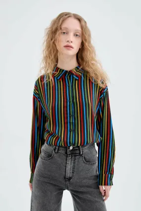 Compania Fantastica Black Multicoloured Stripe Print Long Sleeve Shirt