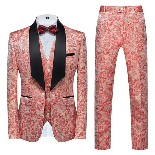 Coral Blush 3 Pcs Floral Men Suits Set