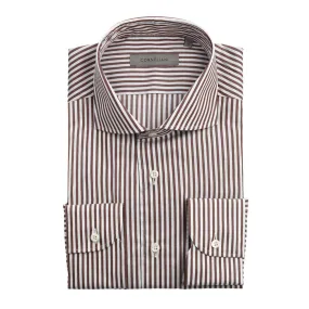 CORNELIANI Cotton Stripe Shirt Single Cuff Tailored Fit WHITE/BROWN