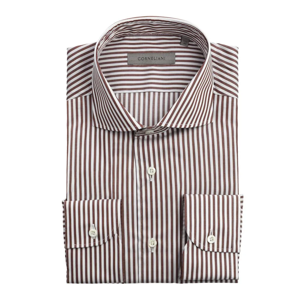 CORNELIANI Cotton Stripe Shirt Single Cuff Tailored Fit WHITE/BROWN