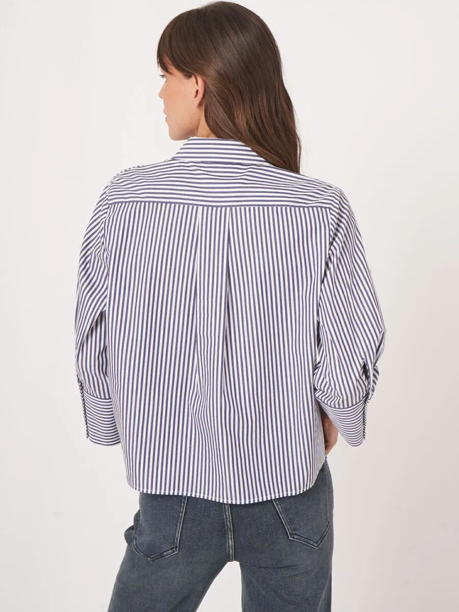Cotton Blouse With Stripes - Dark Navy
