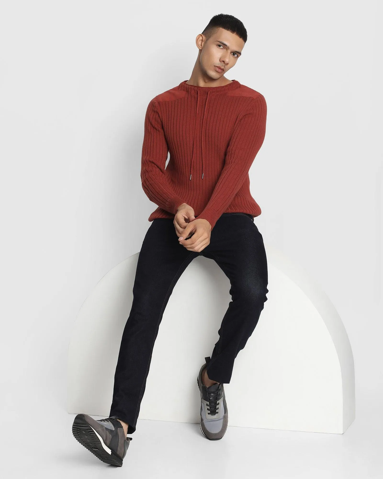 Crew Neck Rust Textured Sweater - Lucy