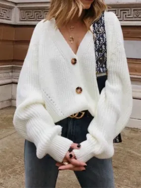 Fashion Casual Solid Color Long-sleeved Button V-neck Top