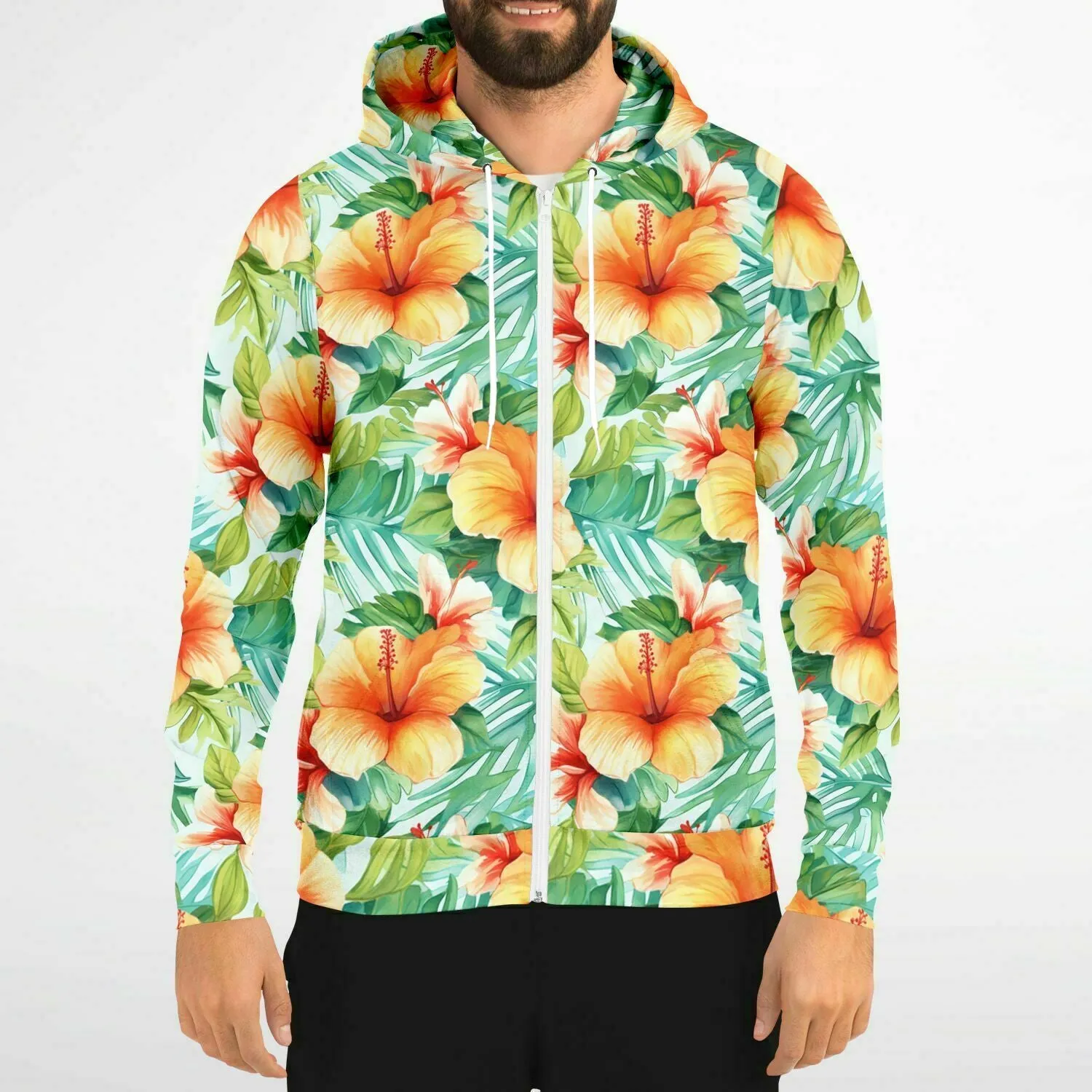 Flowers Zip Up Hoodie, Tropical Floral Green Front Zipper Pocket Men Women Unisex Adult Aesthetic Graphic Cotton Fleece Hooded Sweatshirt
