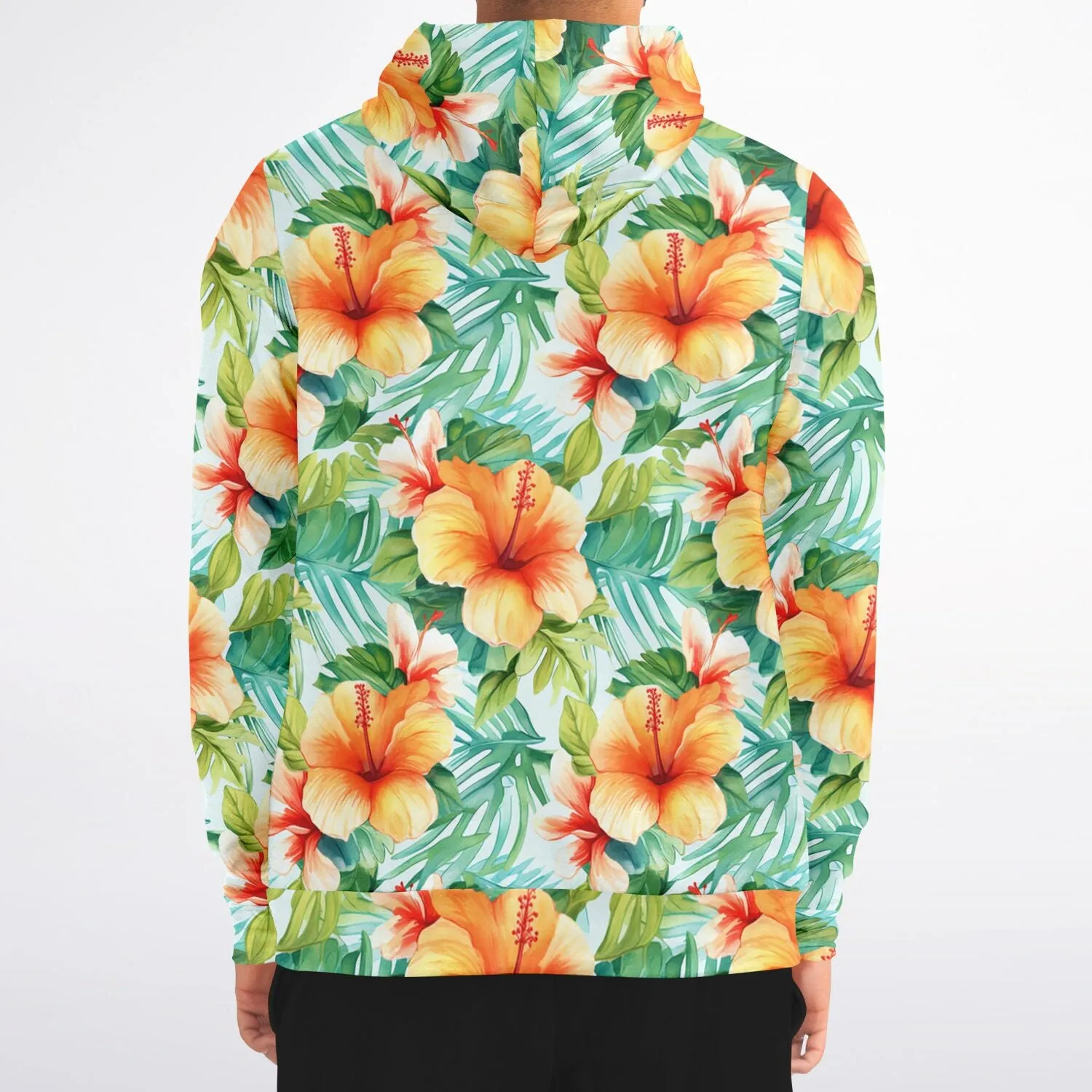 Flowers Zip Up Hoodie, Tropical Floral Green Front Zipper Pocket Men Women Unisex Adult Aesthetic Graphic Cotton Fleece Hooded Sweatshirt