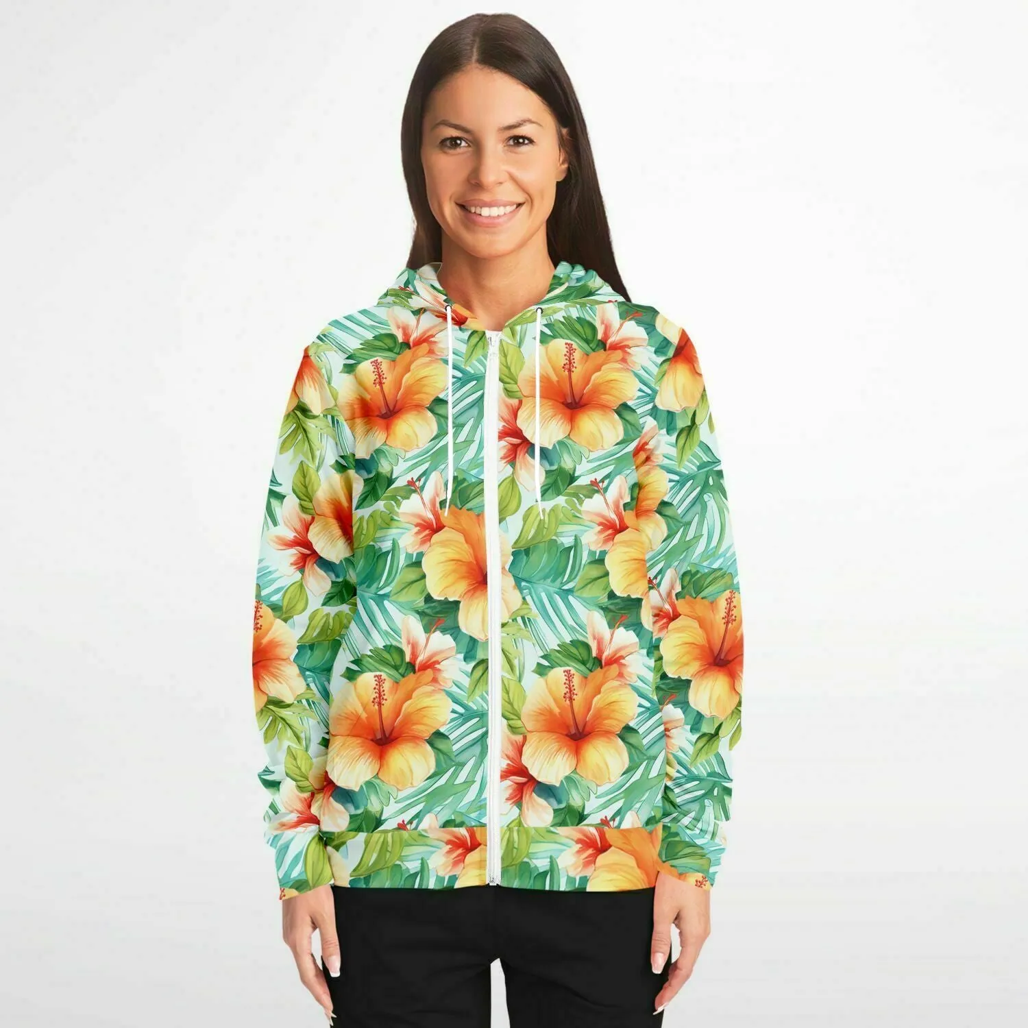 Flowers Zip Up Hoodie, Tropical Floral Green Front Zipper Pocket Men Women Unisex Adult Aesthetic Graphic Cotton Fleece Hooded Sweatshirt