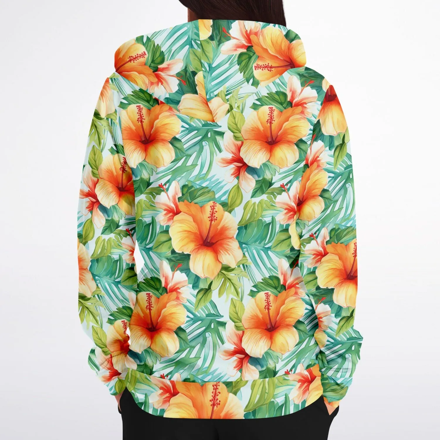 Flowers Zip Up Hoodie, Tropical Floral Green Front Zipper Pocket Men Women Unisex Adult Aesthetic Graphic Cotton Fleece Hooded Sweatshirt