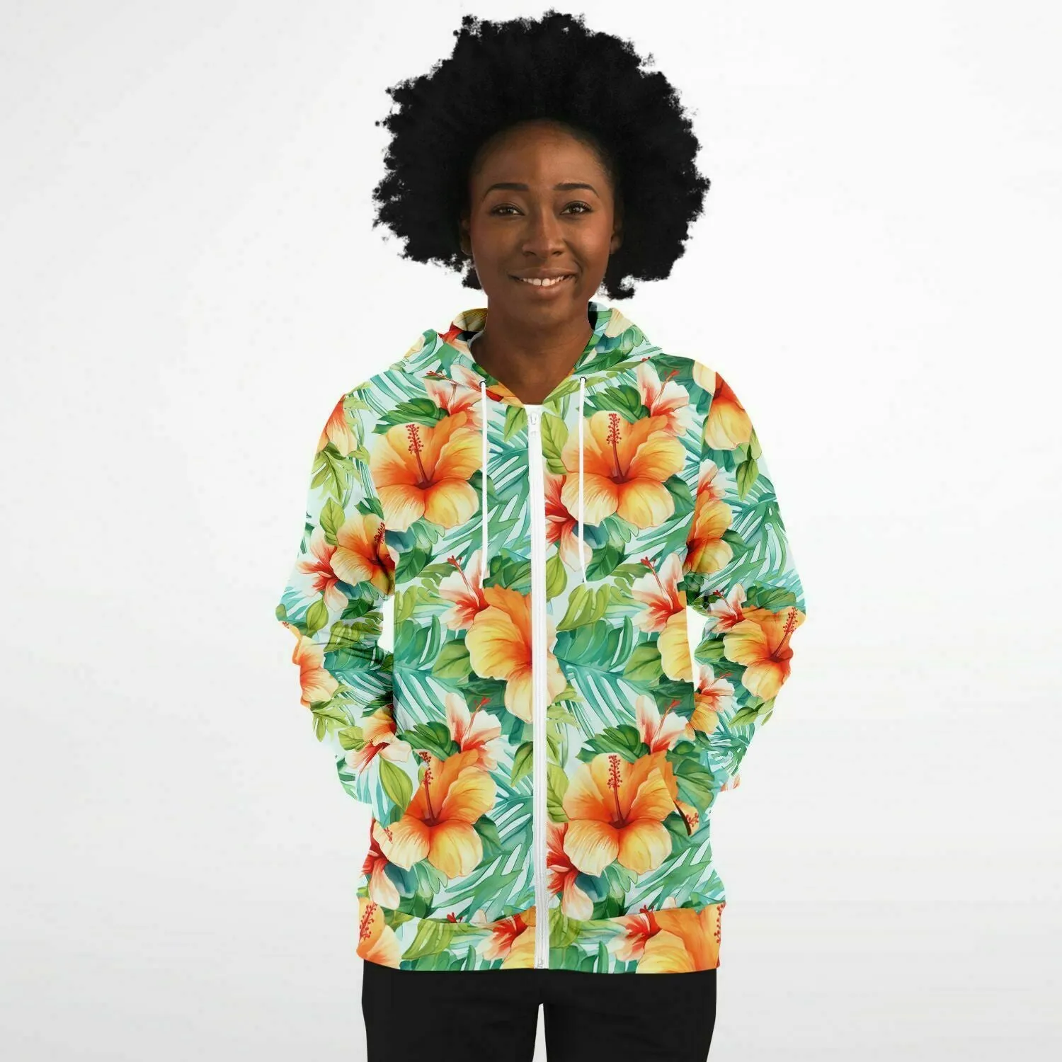 Flowers Zip Up Hoodie, Tropical Floral Green Front Zipper Pocket Men Women Unisex Adult Aesthetic Graphic Cotton Fleece Hooded Sweatshirt