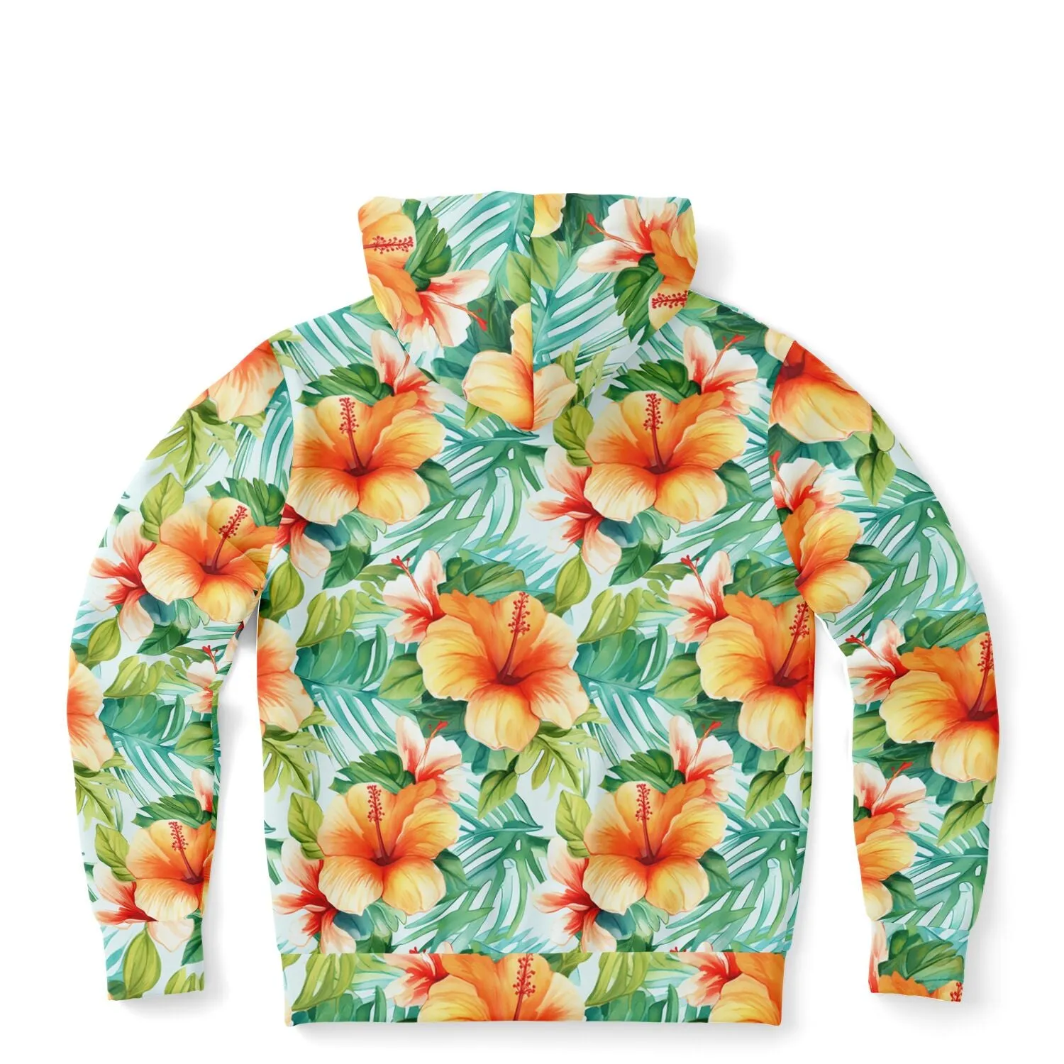 Flowers Zip Up Hoodie, Tropical Floral Green Front Zipper Pocket Men Women Unisex Adult Aesthetic Graphic Cotton Fleece Hooded Sweatshirt