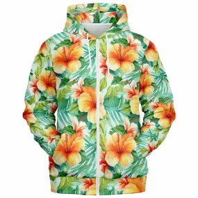 Flowers Zip Up Hoodie, Tropical Floral Green Front Zipper Pocket Men Women Unisex Adult Aesthetic Graphic Cotton Fleece Hooded Sweatshirt