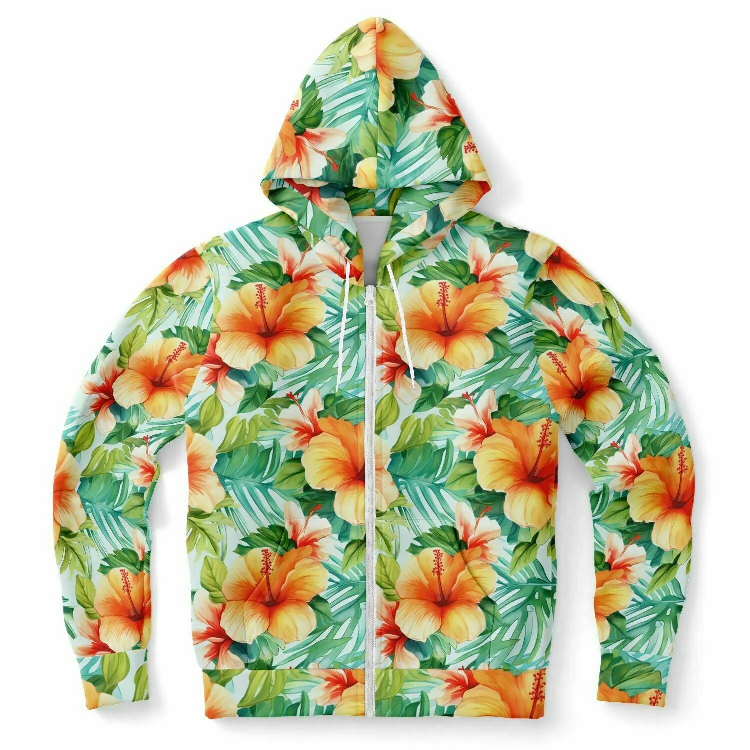 Flowers Zip Up Hoodie, Tropical Floral Green Front Zipper Pocket Men Women Unisex Adult Aesthetic Graphic Cotton Fleece Hooded Sweatshirt