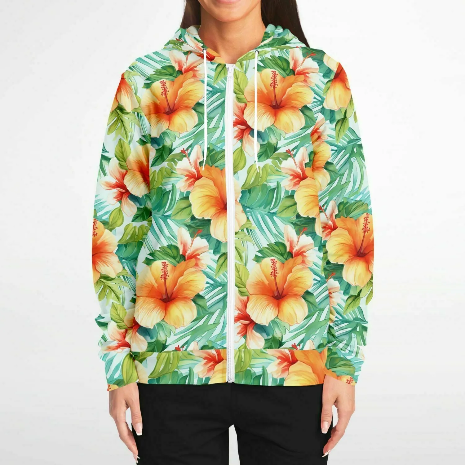Flowers Zip Up Hoodie, Tropical Floral Green Front Zipper Pocket Men Women Unisex Adult Aesthetic Graphic Cotton Fleece Hooded Sweatshirt